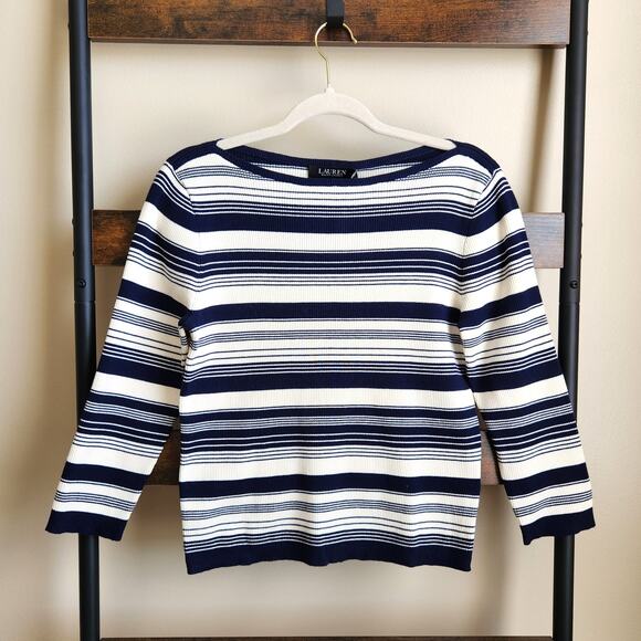 Lauren Ralph Lauren Women Ivory/Navy Striped Casual Knit Ribbed Sweater Size XXL - Picture 2 of 5